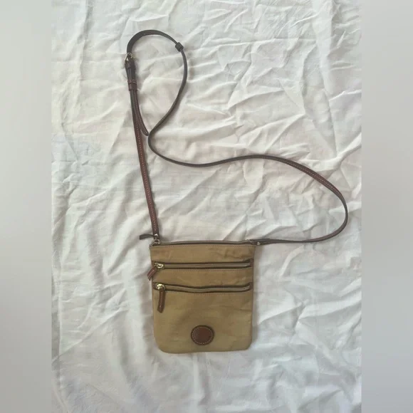Dooney and Bourke Iconic Tan Crossbody Satchel Leather Stitched Strap - Picture 1 of 14
